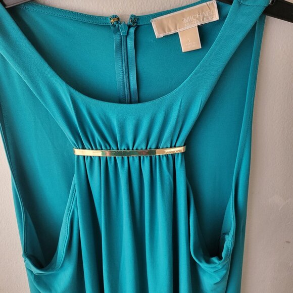 Michael kors gold gathered front aqua sleeveless dress size L - Picture 3 of 8